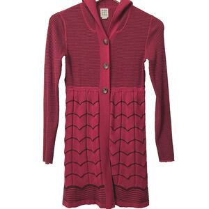 Title Nine Womens Hoodie Long Cardigan Sweater S Merino Wool Blend Striped Red